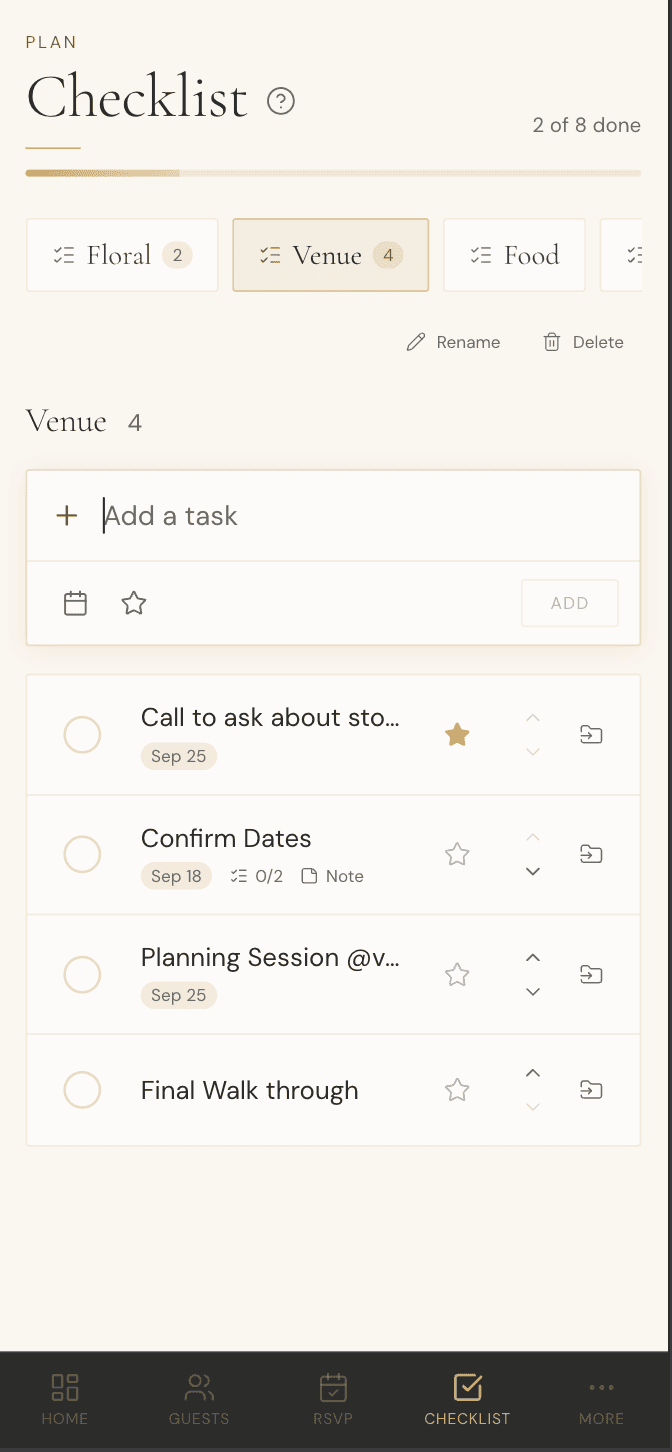 Shared wedding checklist on mobile
