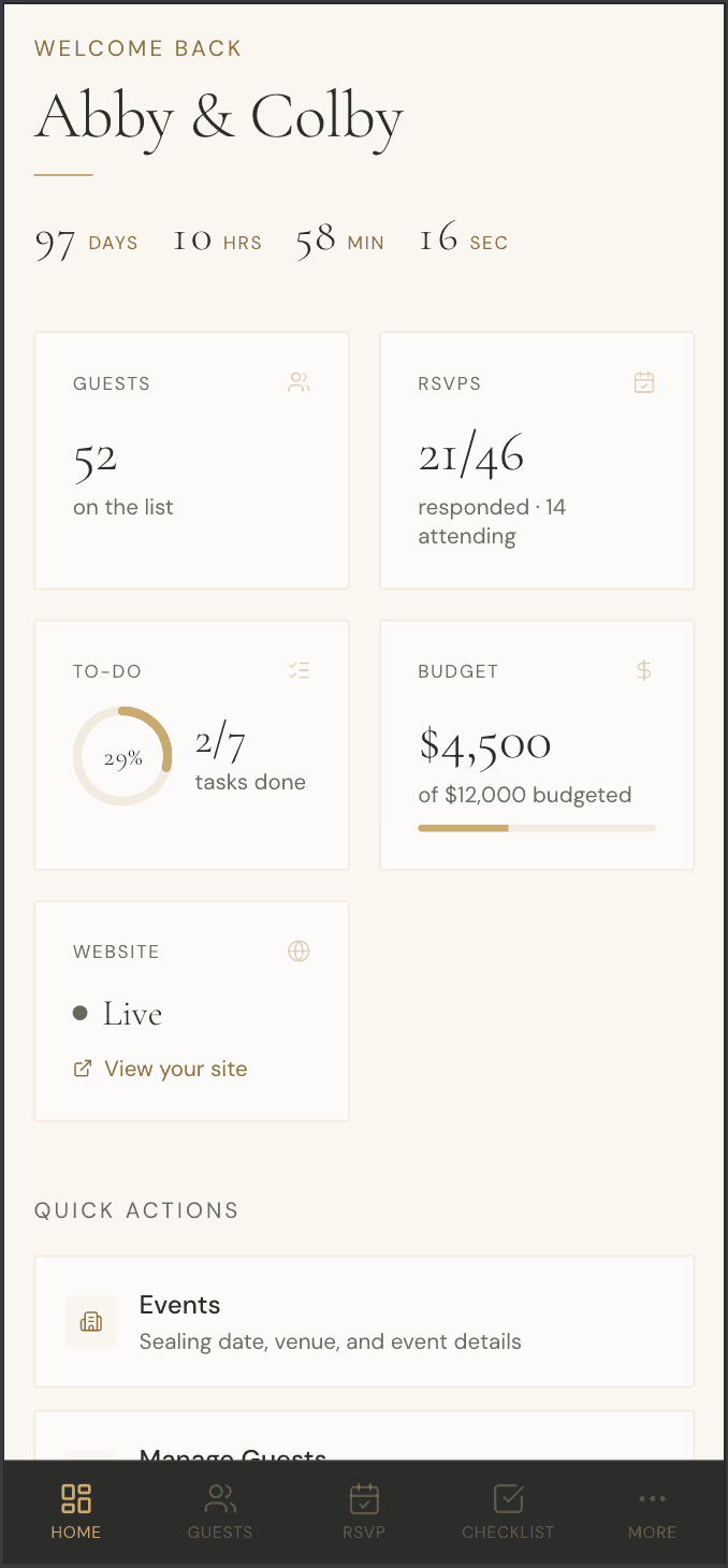 Wedding plan overview on mobile